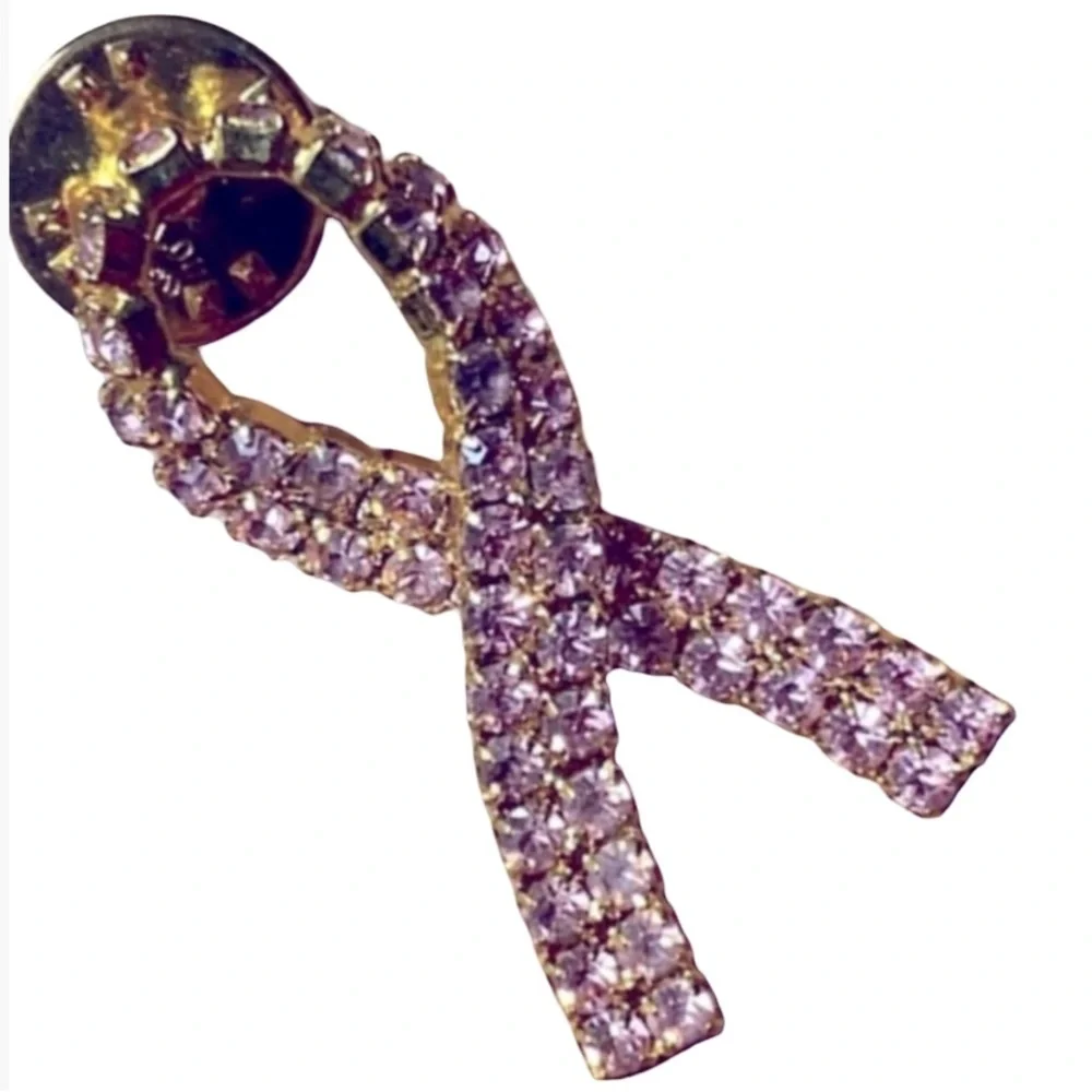 Vintage Ballou Pink Rhinestone Pink Ribbon Breast Cancer Lapel Pin Ladies Brooch
